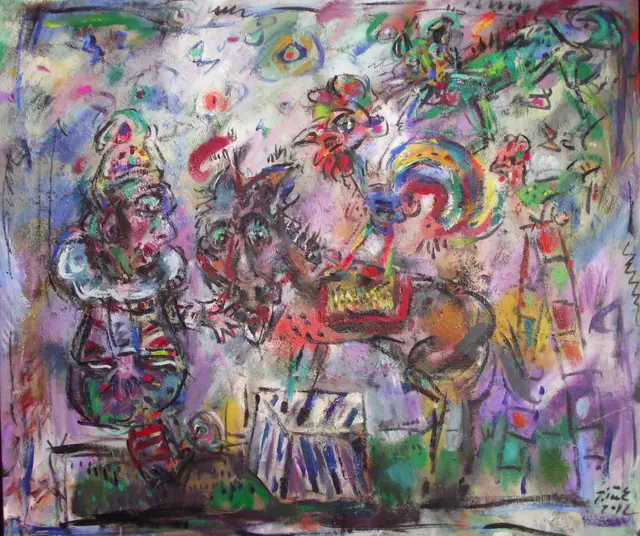 Clown with animals – painting by Ernő Tóth
