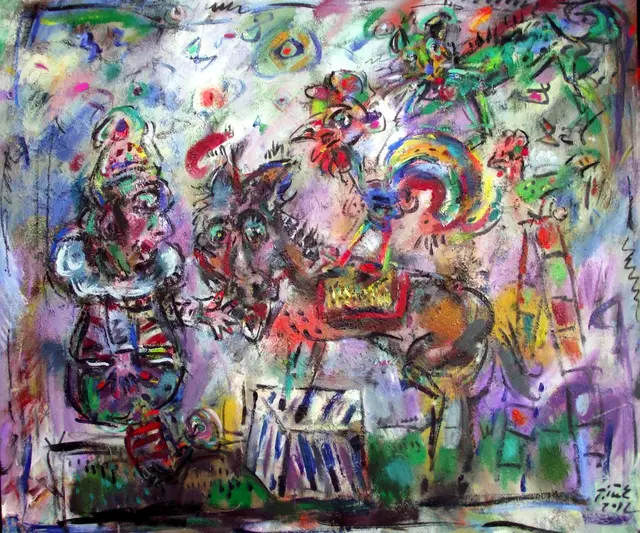 小丑与动物 – Ernő Tóth 的绘画作品