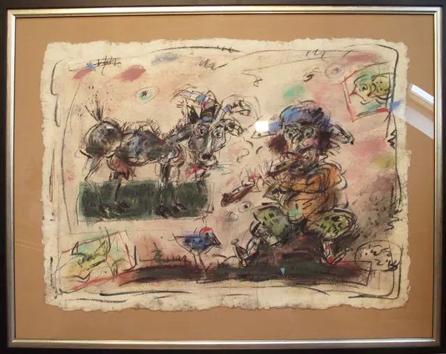 Clown with goat – painting by Ernő Tóth